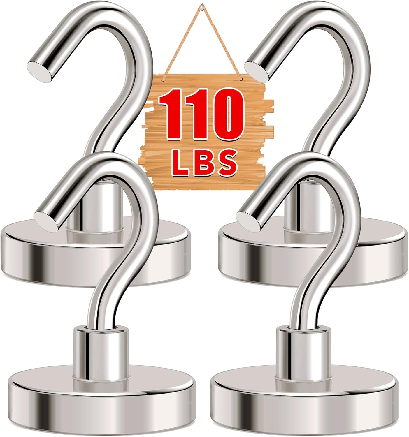 MIKEDE Magnetic Hooks Heavy Duty, 110Lbs+ Super Strong Magnet Hooks for Cruise, 4 Pack Neodymium Earth Magnets with Hook for Hanging, Magnetic Metal Hanger for Toolbox, Storage