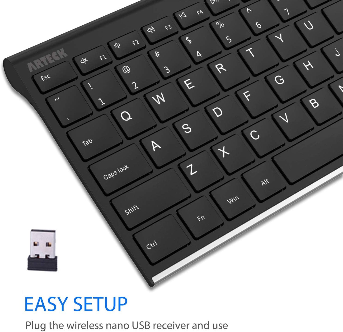 Arteck USB Wireless Keyboard Stainless Steel Ultra Slim Keyboard with Numeric Keypad for Computer/PC/Laptop and Windows 11/10/8 Rechargeable Battery