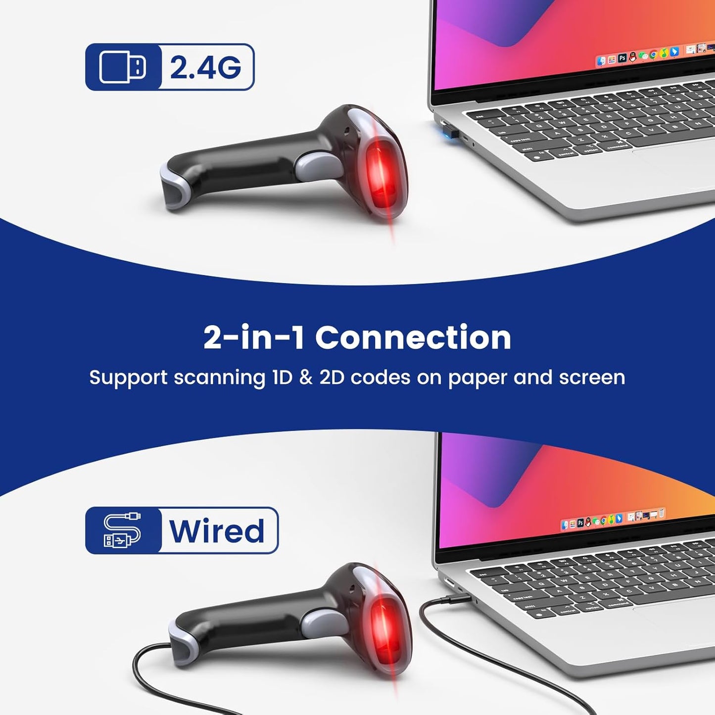 Eyoyo 2D Wireless Barcode Scanner: Handheld Cordless & USB Wired 1D UPC QR Code Scanner for Library, Retail Store, Book, Warehouse - Fast Screen & Printed Bar Code Reader for Computer Laptop POS PC