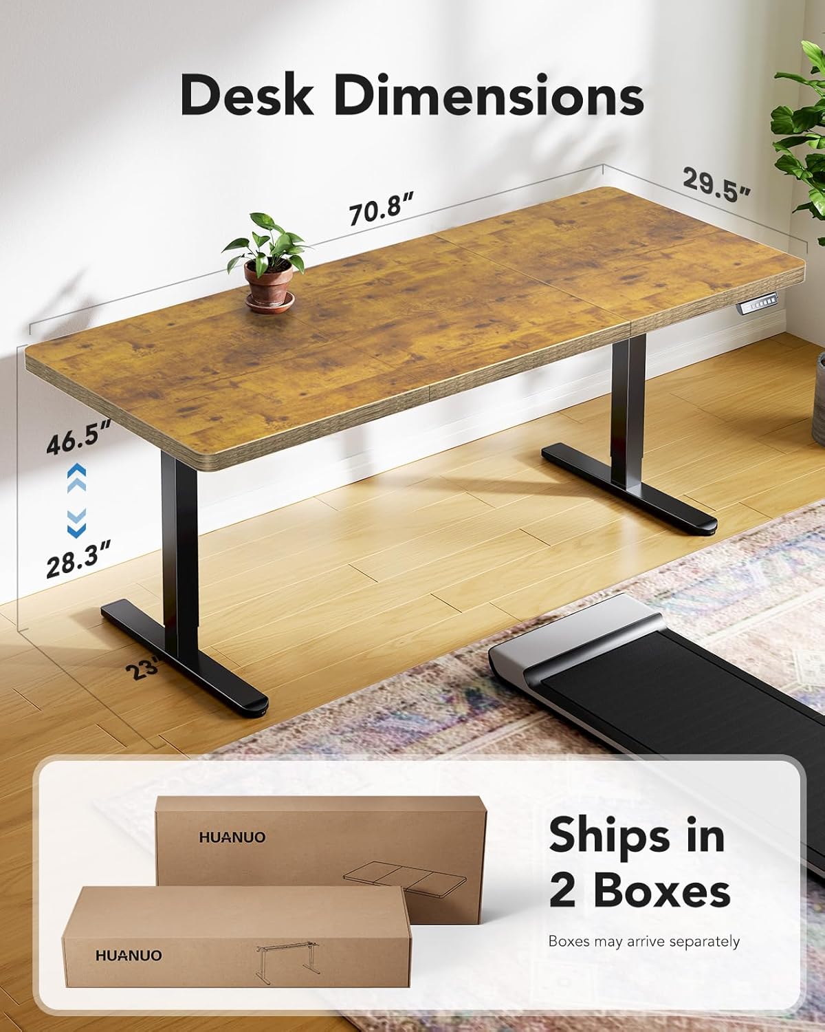 HUANUO 71 x 30 inch Electric Standing Desk, Powerful Brushless Motor Large Height Adjustable Table, 4 Memory Preset Sit Stand Up Desk, Home Office Computer Table with Thick T-Shaped Frame, Vintage