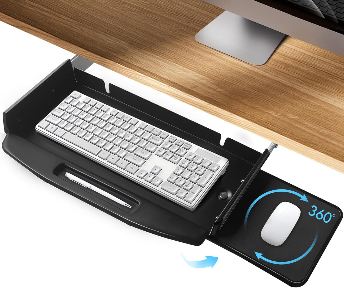 Solid Steel Under Desk Keyboard Tray Slide Out with 360° Rotating Mouse Platform,Keyboard Shelf Sliding,Under Desk Mounted Keyboard Holder,Under Desk Keyboard Drawer 28"Lx10"W