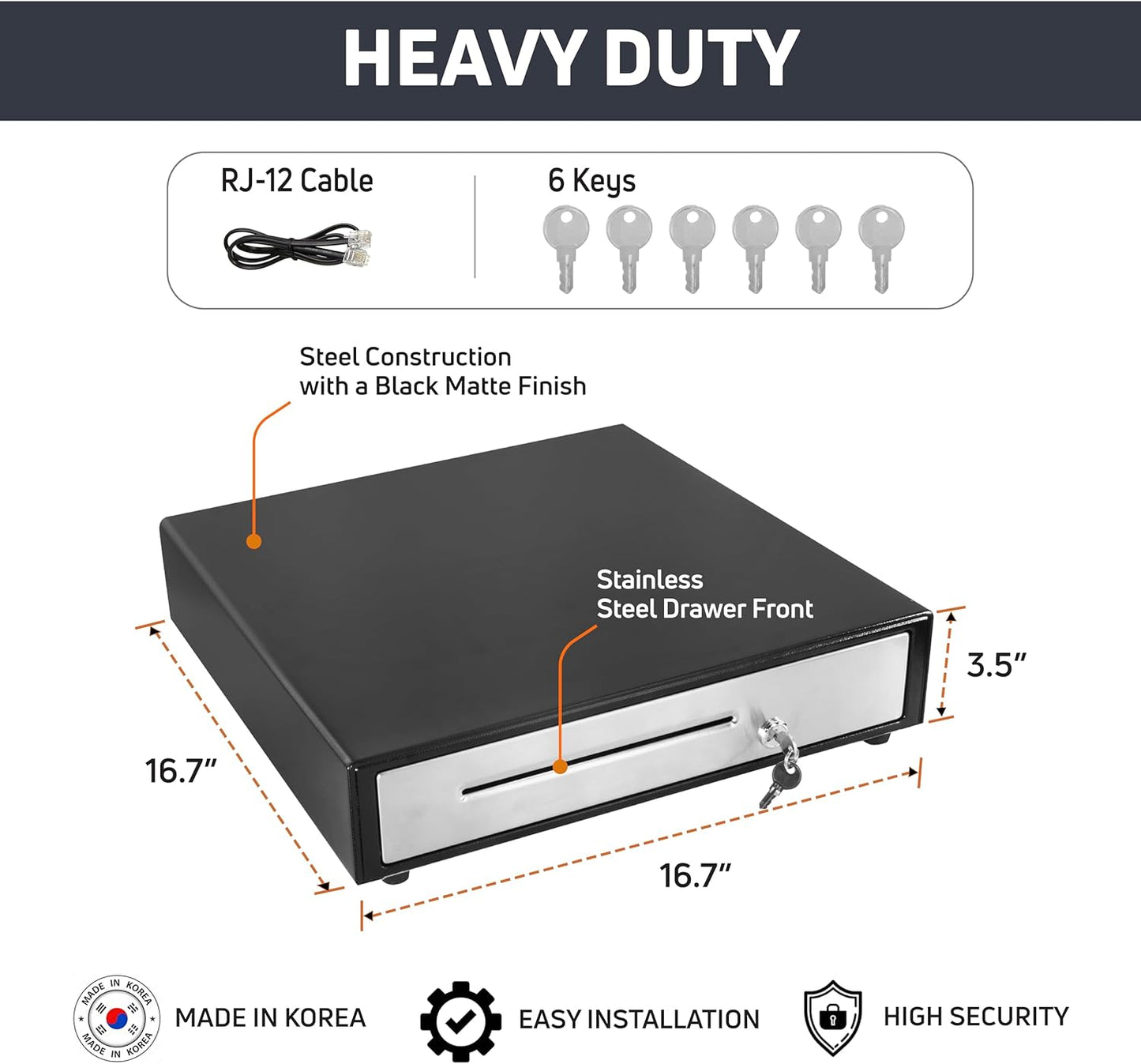 HK SYSTEMS 16inch Cash Drawer for POS, No Logo, Black, DC 24V/Micro Switch, RJ12, 1slot, Removable and Adjustable cash tray 5-bill/5-coin Metal wire gripper, 6Keys #135, Stainless Steel front, HK box