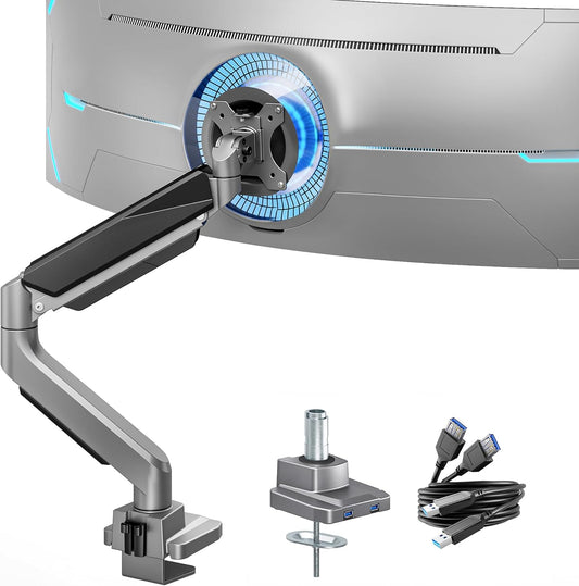 ARES WING Single Monitor Arm, Heavy Duty Adjustable Monitor Arm for 13"-45" Screens with USB, Gas Spring Desk Mount Stand with C Clamp/Grommet Mounting Base up to 40lbs Computer, Gray