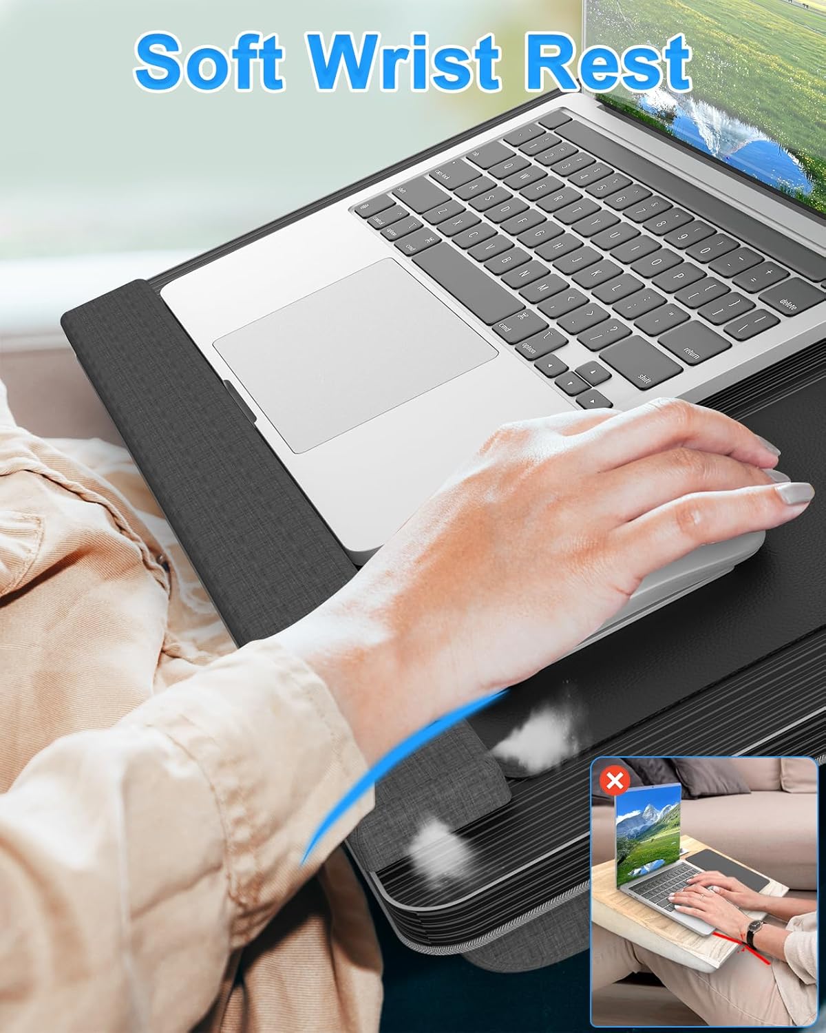 Laptop Lap Desk, Portable Large Laptop Desk for Bed, Up to 17 Inch Lap Pad Tray with Wrist Rest, Mouse Pad, Tablet Phone Slot, Portable Handle, Cushion (Black)