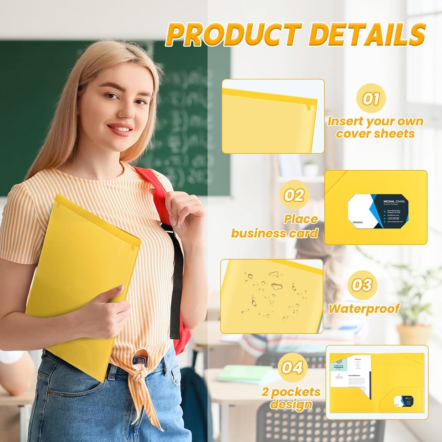 Henoyso 36 Pcs Plastic Folders with Clear Front Pockets Heavy Duty File Folders with 2 Pockets and Card Slot for Student Communication School Office Presentation Report (Yellow)
