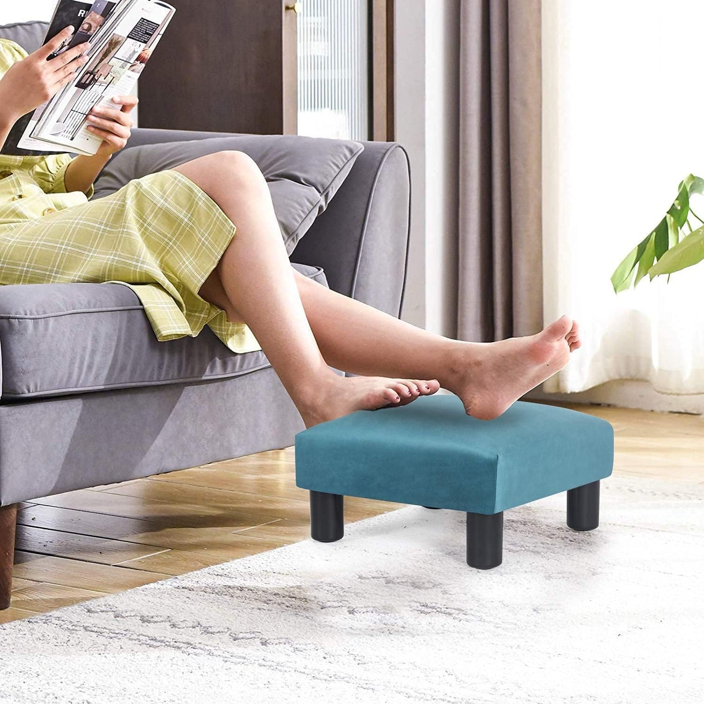 Joveco 15.7'' Small Footstool Ottoman Upholstered Soft Footrest with Non-Skid Plastic Legs, Foot Rest for Desk Couch Living Room Bedroom Office (Blue)