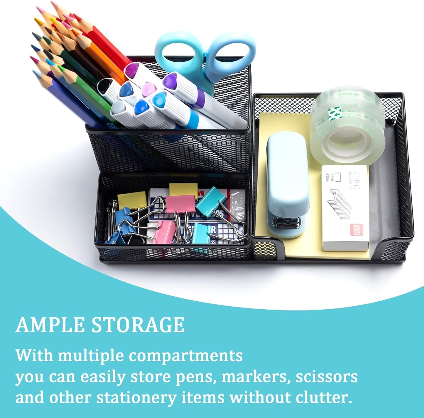 Black Mesh Pen Holder Desktop Organizers Pencil Holder for Desk 3 Compartments Metal Office Supply Organizer with Sticky Notes Holder for Office Desk Accessories