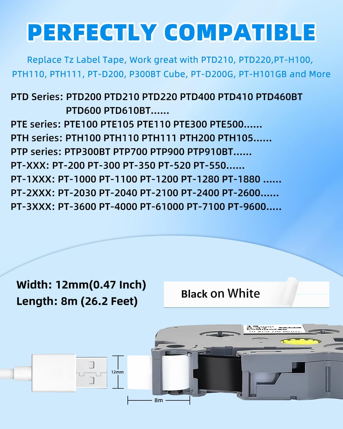 Label Maker Tape Refills Tz Tape 12mm 0.47 Laminated White Replace Compatible for Brother TZe-231 Tze 1/2" Black on White for P-Touch Label Maker PT-D220 D210 H110 D200 D400 1280, 10-Pack