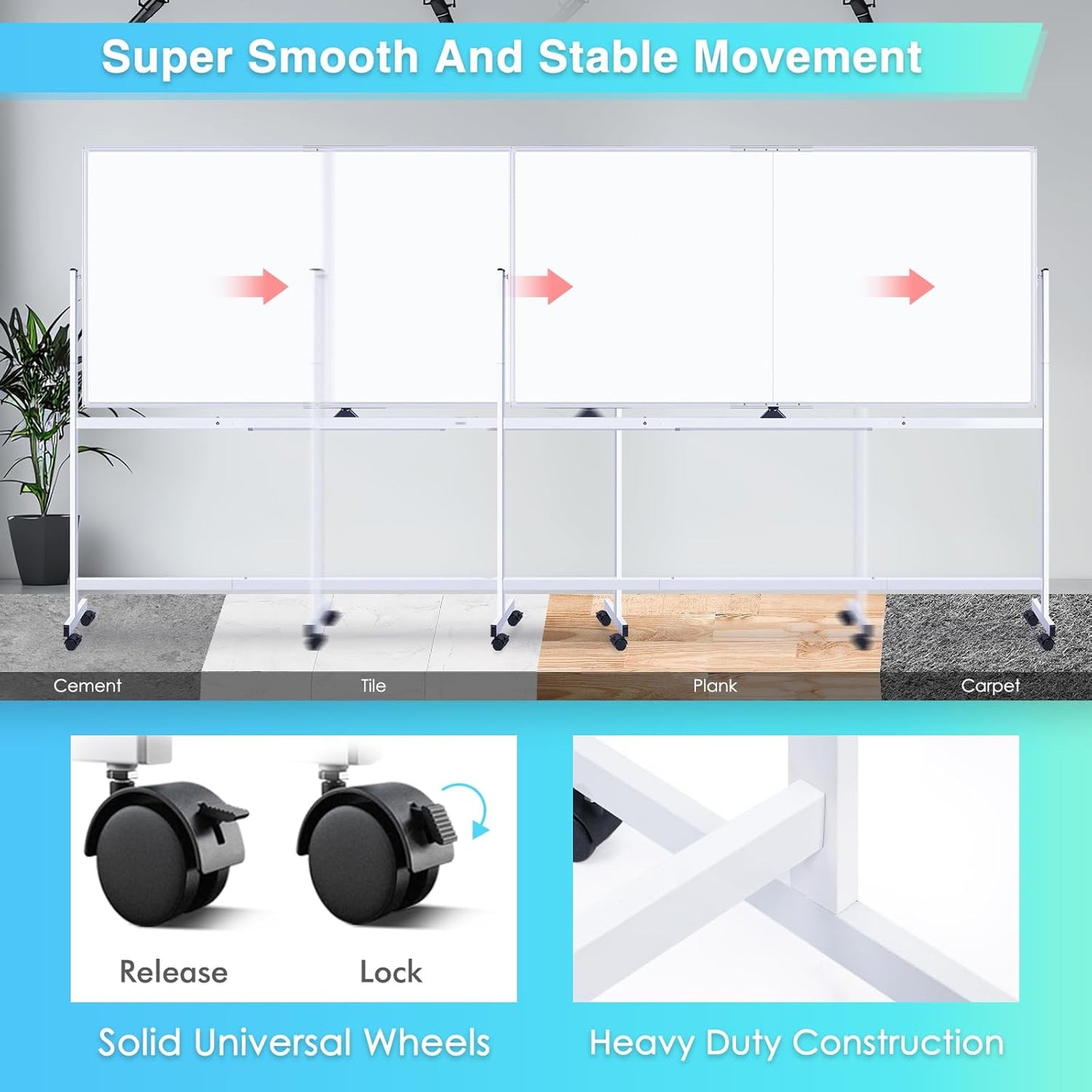 maxtek Rolling Whiteboard, 96x48 Large Double-Sided White Board Dry Erase on Wheels, Giant Magnetic White Board Standing for Office, School, Home Office, Homeschool