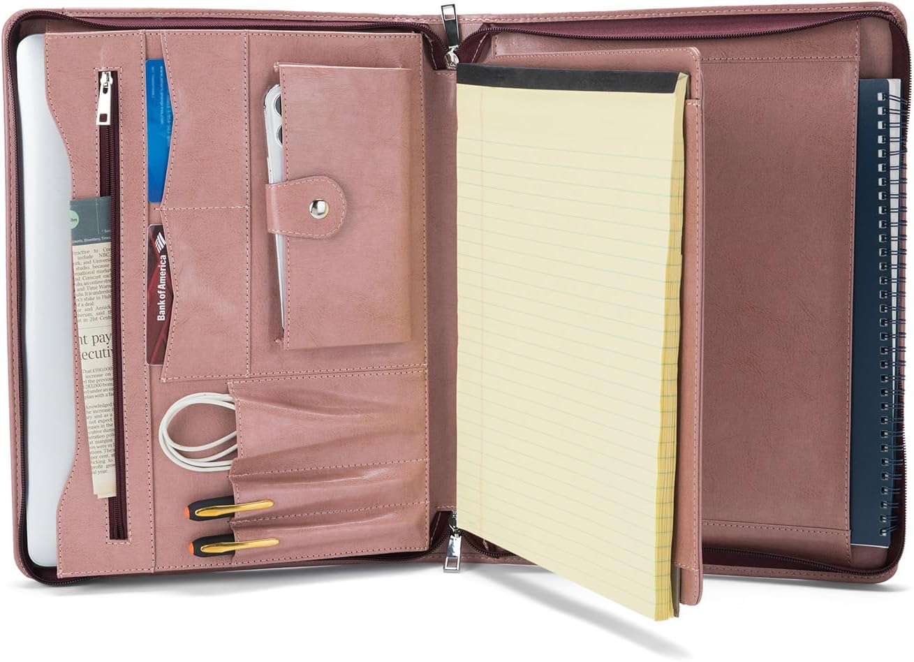 Vegan Leather Portfolio with Front Pocket for Women, 8.5 x 11 Legal Pad Notepad Holder, Zippered Business Organizer, Professional Executive Letter Notebook Folder for Work, Pink