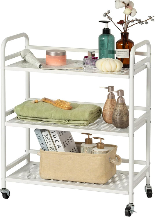 HDANI 3 Tier Metal Rolling Heavy Cart Supports 40 Lbs Per Tier,Rolling Cart with 2 Lockable Wheels for Office,Home,Bedroom,Kitchen,Bathroom(White)…