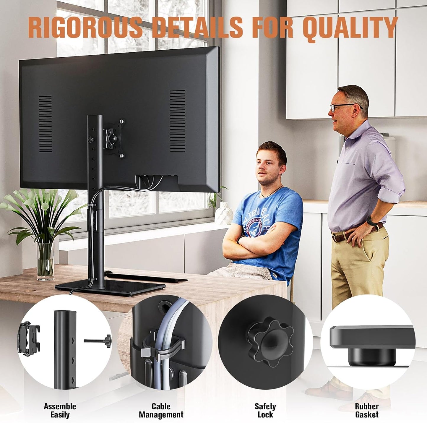 Single Monitor Stand Freestanding 27-43 Inch Monitor Arm Curved Screen Monitor Mount Tempered Glass Base Adjustable Motion Tilt -15° to 10° Swivel ±45° Rotation 360° Weight Capacity 77lbs HT05B-003