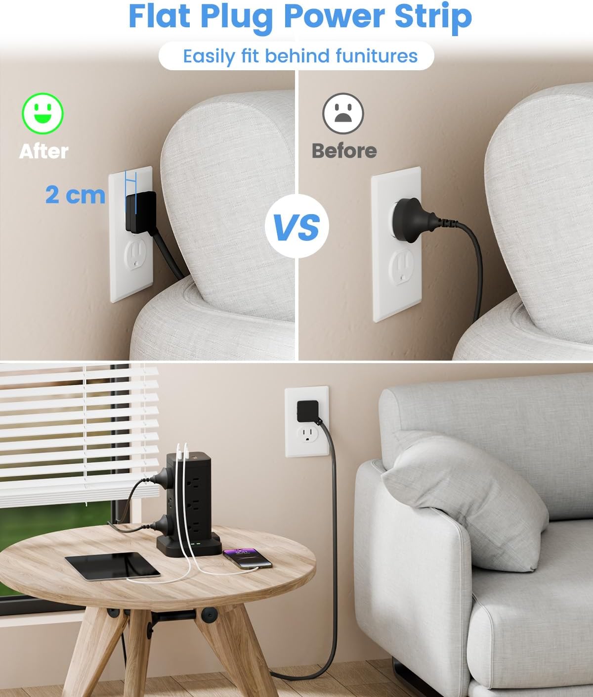 Power Strip Tower with Surge Protector 1800J, Fast Charging Tower PD20W USB-C Ports with 12 AC Outlets, 10ft Extension Cord for Home Office Dorm Room, Black