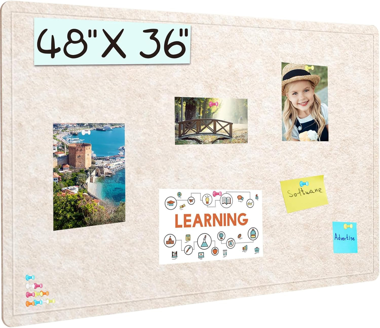 Large Bulletin Board, 48 X 36 inches Felt Board Notice Pin Board, 4' x 3'Cork Board Alternative for Wall, Self-Adhesive Vision Board Mood Board Foldable Photo Board with 30 Pushpin (Oatmeal)
