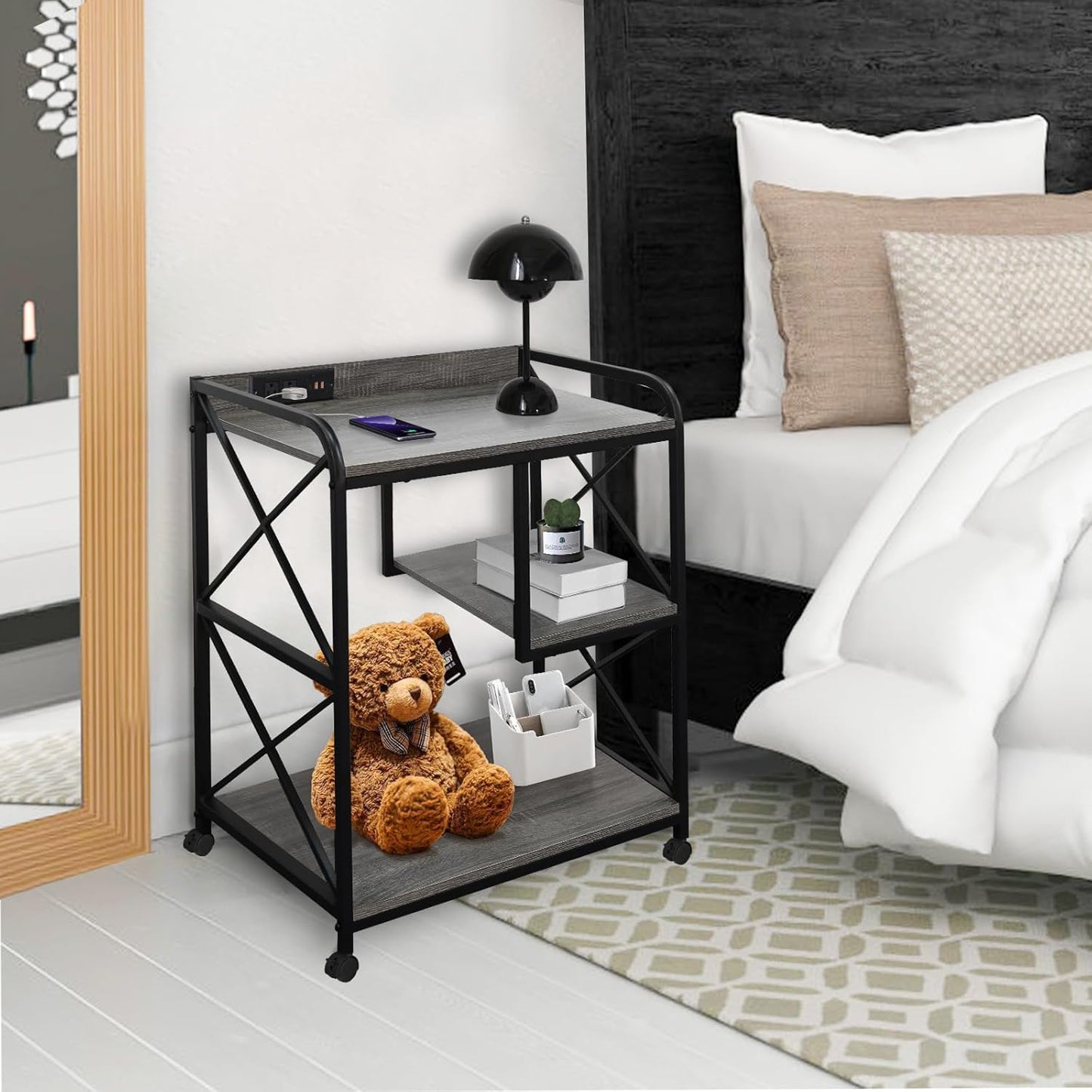 Printer Stand Printer Table with Storage Shelf for Home Office 23 x 18 Inch Large Printer Stand with Power Outlet Rolling Printer Table with Wheels Pinter Cart Tower Stand Grey Oak