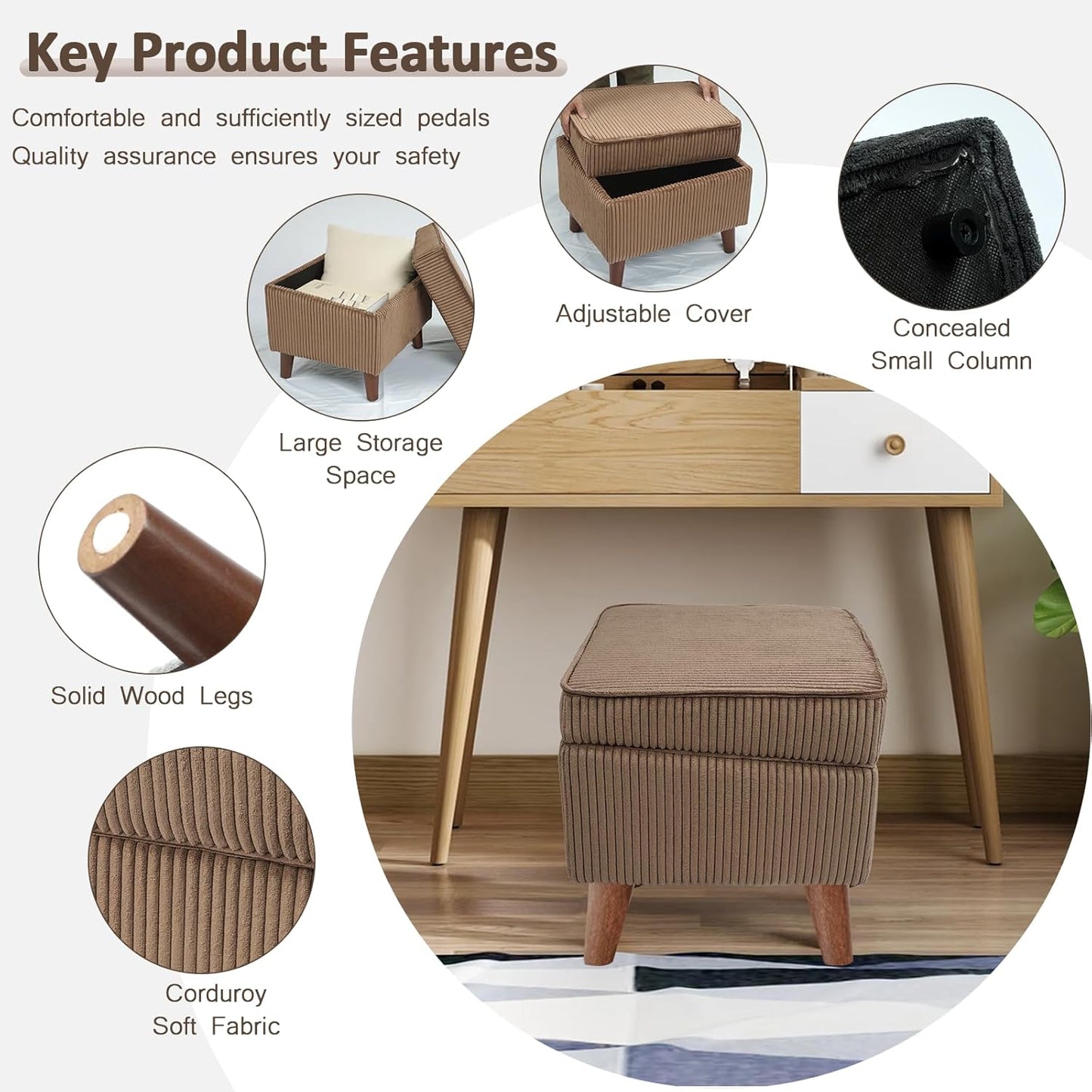 Storage Ottoman with Adjustable Lid, Soft Step Stool, Footrest and Seat, Ottoman Foot Rest for Living Room, Bedroom, Dorm, Brown