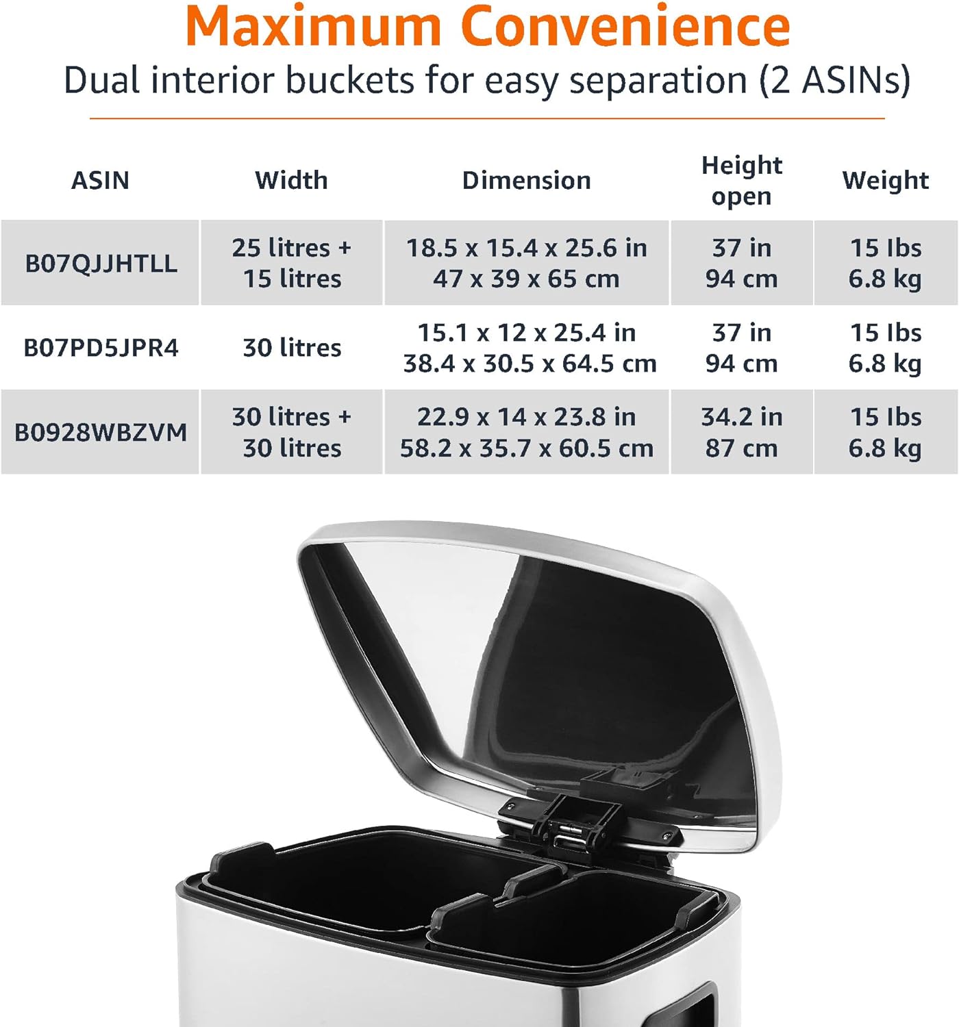 Amazon Basics Dual Compartment Recycling Trash Can with Soft-Close Lid and Removable Liner Buckets, 60 Liters, Rectangular, Grey, Silver