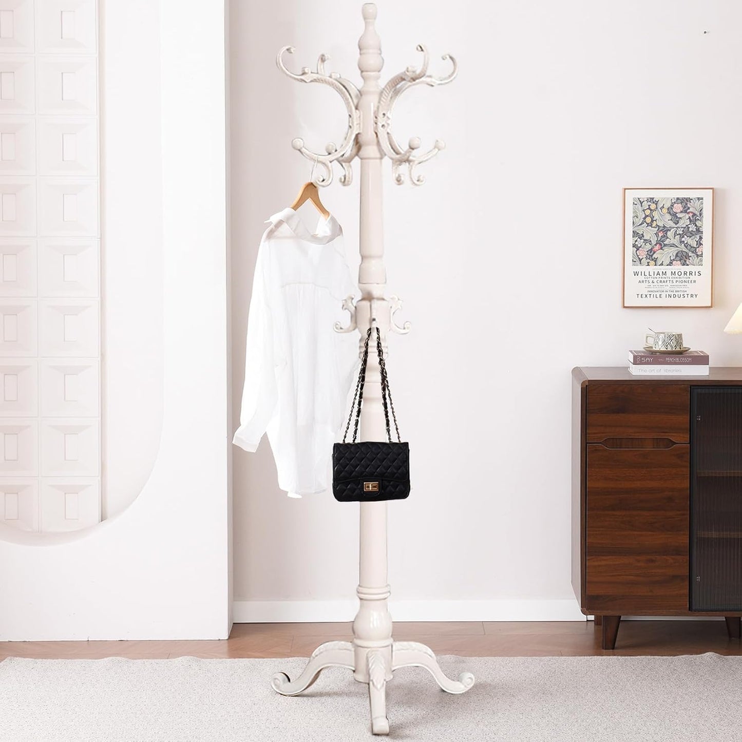 Wooden Coat Racks, Retro 78" Coat Tree with 12 Hooks & Stable Triangular Base, Entryway Coat Rack Freestanding for Hat, Clothes, Scarves, Handbags, Umbrella (Ivory)