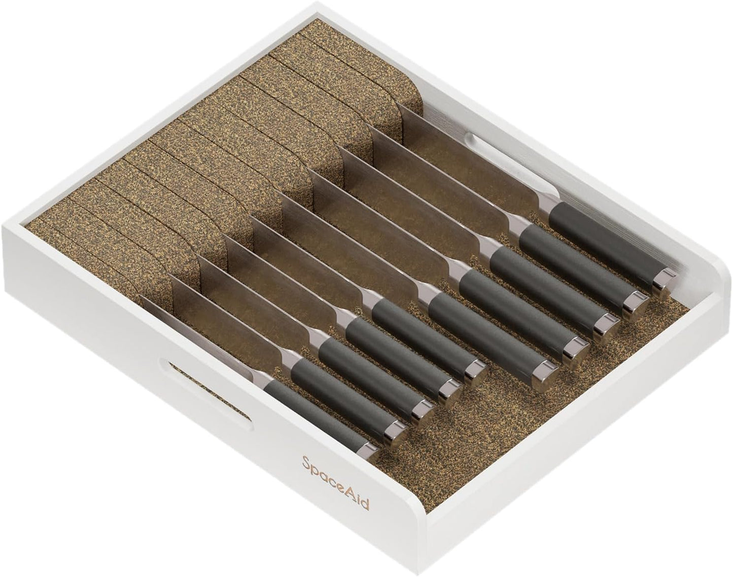 SpaceAid Large Knife Drawer Organizer Bamboo Insert Dock, Kitchen Steak Knives Holder Organizers Block for Drawer in Storage Organization (Large, White)