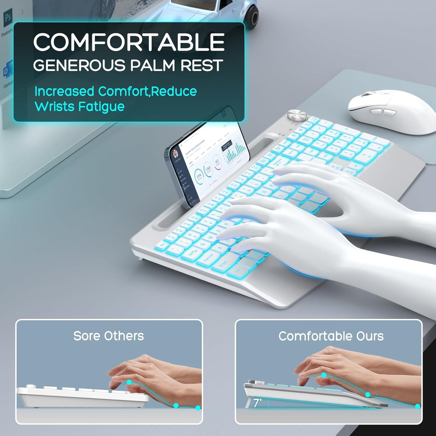 Wireless Keyboard and Mouse Backlits - Full-Sized Ergonomic Lighted Keyboard with Wrist Rest, Phone Holder,2.4GHz Rechargeable Silent Keyboard Mouse Combo for Computer, Laptop, PC, Mac -White