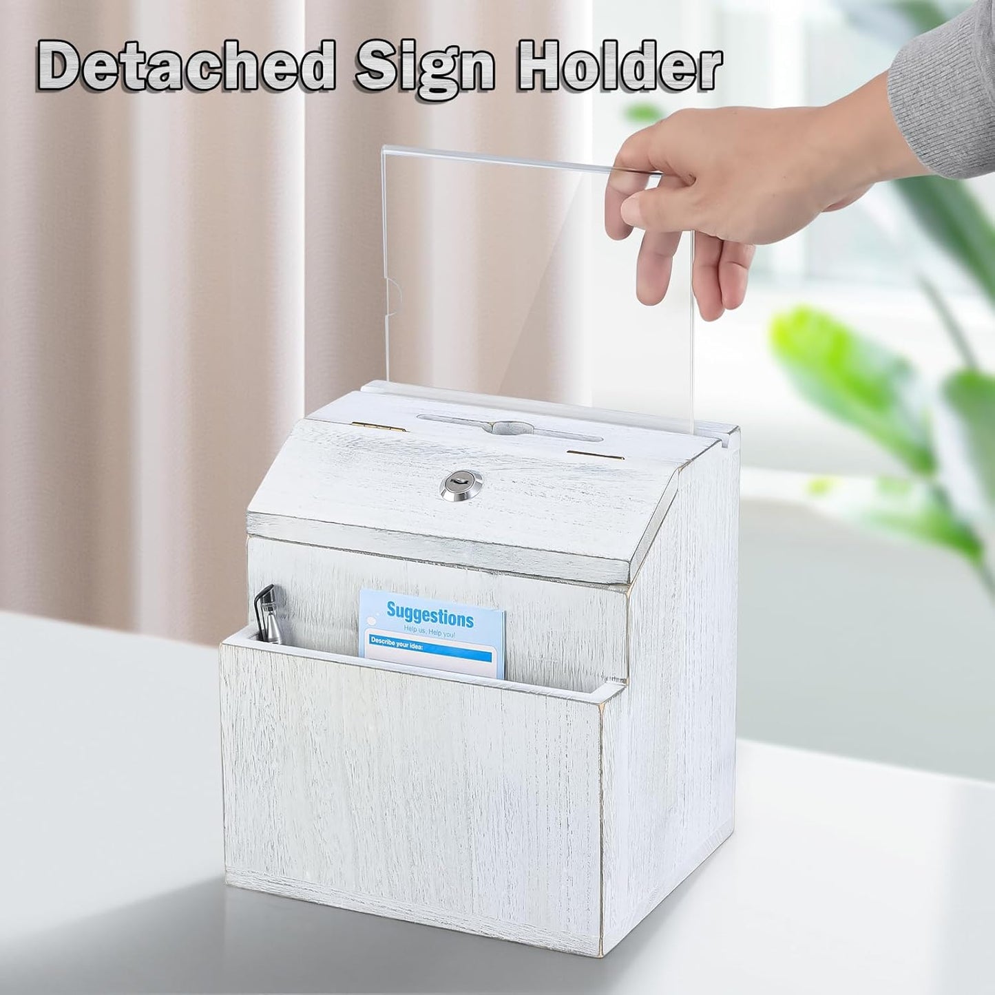 KYODOLED Wood Suggestion Box with Lock, Rustic White Ballot Box Donation and Key Drop Box with Acrylic Sign Holder and 30 Free Suggestion Cards, Wall Mounted or Freestanding, 9H x 6.9W x 8.5L Inch