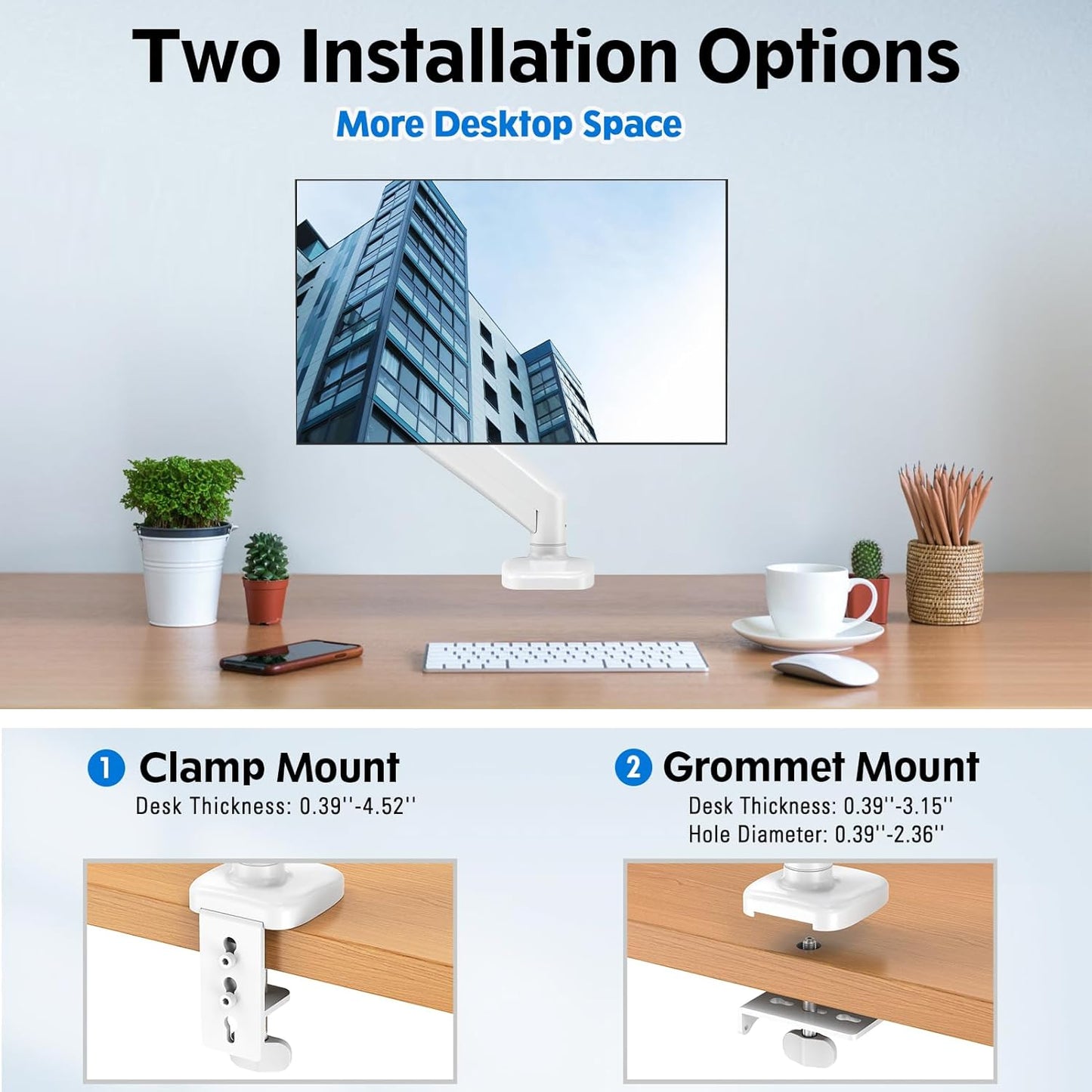 MOUNTUP Single Monitor Desk Mount, Adjustable Gas Spring Monitor Arm Support Max 32 Inch Screen, Computer Monitors Stand with Clamp/Grommet Mounting Base, VESA Mounts Fit 4.4-17.6lbs Computer, White