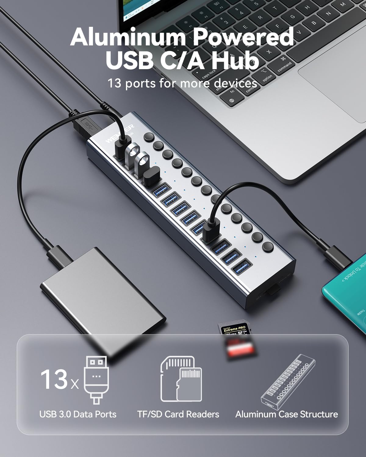Powered USB 3.0 Hub, Wenter 13 Ports Powered USB Hub with SD/TF Card Reader, Aluminum USB Splitter with Individual On/Off Switches, 12V/3A 36W Power Adapter for PC/Laptops