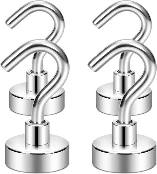 Neosmuk Magnetic Hooks,30lb Heavy Duty Earth Magnets with Hook for Refrigerator, Extra Strong Cruise Hook for Hanging, Magnetic Hanger for Cabins, Grill (Silvery White, Pack of 4)