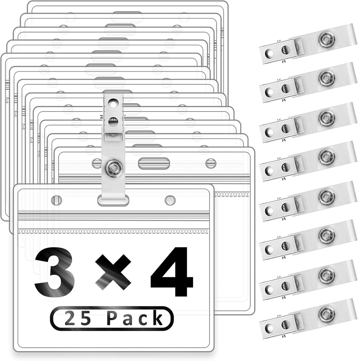 Clear Plastic Horizontal Name Tag Holders and Metal Badge Clips with Vinyl Straps Waterproof PVC ID Card Badge Holder 3x4 Inch(25 Pack, Horizontal Large 3x4)