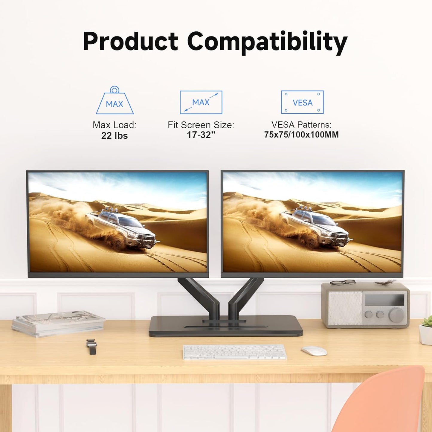 suptek Dual Monitor Mount Gas Spring Monitor Arm Desk Stand with Base,Free Standing Pneumatic Height Adjustable Monitor Stand for 17 to 32 inch,Holds up to 22 lbs,Black(ML8SP)