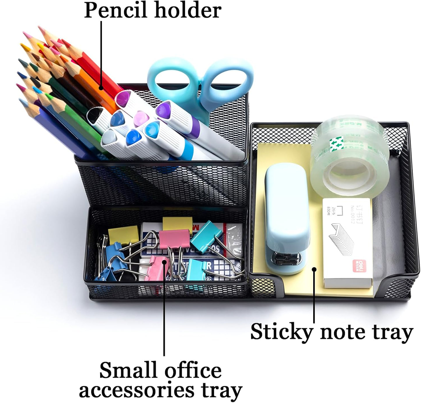 2 Pieces Pen Holder Mesh Metal Pencil Holder Desk Organizers Black for Desk Office with 3 Compartments Pencil Holders,Desktop Storage Caddy Organization,Suitable for School, Home,Black