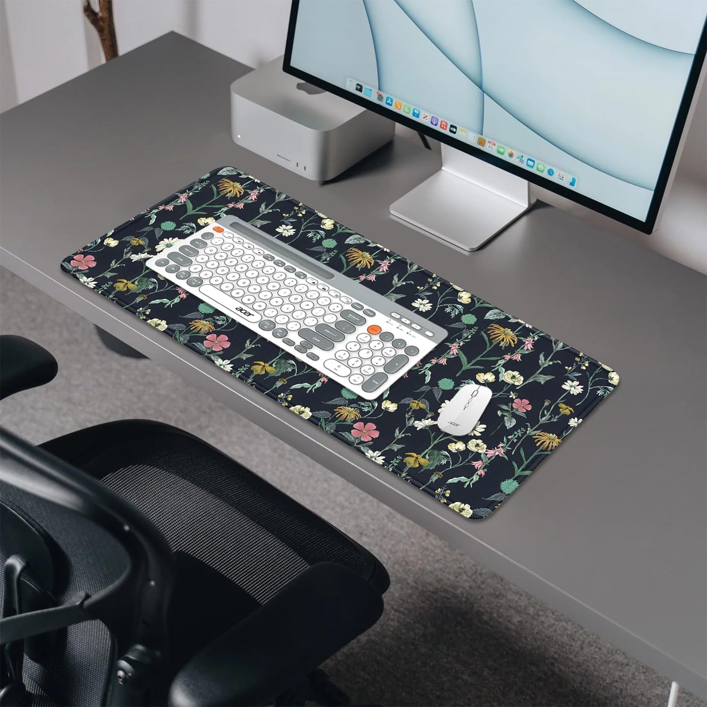 Dark Botanical Flowers Mouse Pad,Extended Black Plant Floral Mousepad Desk Pad with Stitched Edges,Non-Slip Waterproof Rubber Base Mouse Mat for Office Computer Keyboard Laptop Home(27.5x11.8 in)