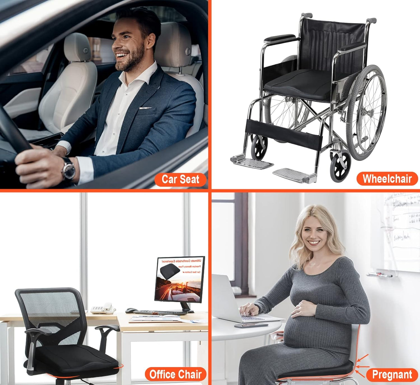 Car Seat Cushion, Comfort Memory Foam Car Cushions for Driving - Sciatica & Lower Back Pain Relief, Driver Seat Pillow for Auto, Office Chair, Wheelchair - Classic Black