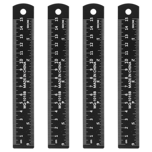 HARFINGTON 4pcs Metal Straight Ruler 15cm Metric SAE Aluminum Alloy Measuring Rulers Scale Tool with Hole for Measure Study Reading Classroom Office, Black