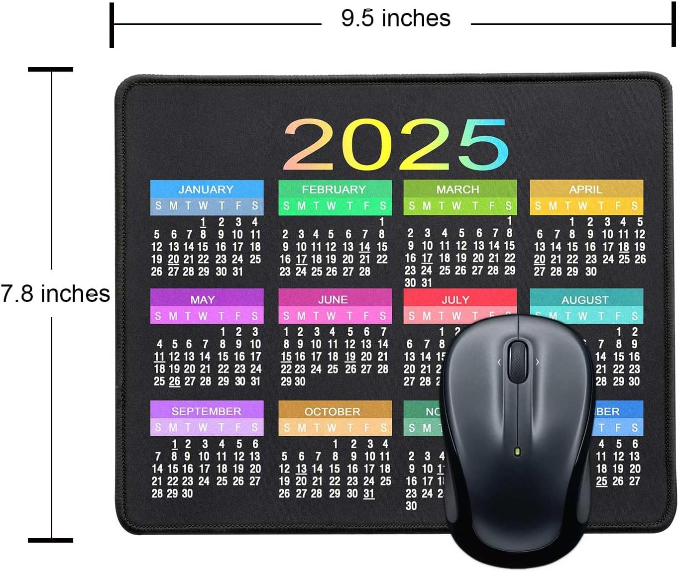 Mouse Pad with Non-Slip Rubber Base, Waterproof Computer Mousepad with Stitched Edges, Mouse Pads for Computers, Laptop, Gaming, Office & Home, 9.5 x 7.8 in (2025 Calendar Colorful)
