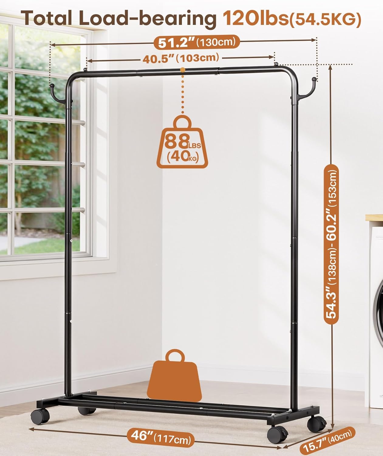 Homde Heavy Duty Clothes Rack: 120lb Standing Garment Storage for Indoor - Rolling Hanging Rod for Bedroom Laundry Room - Coat Dress Organizer on Wheels with luggage shelf (Black，46")