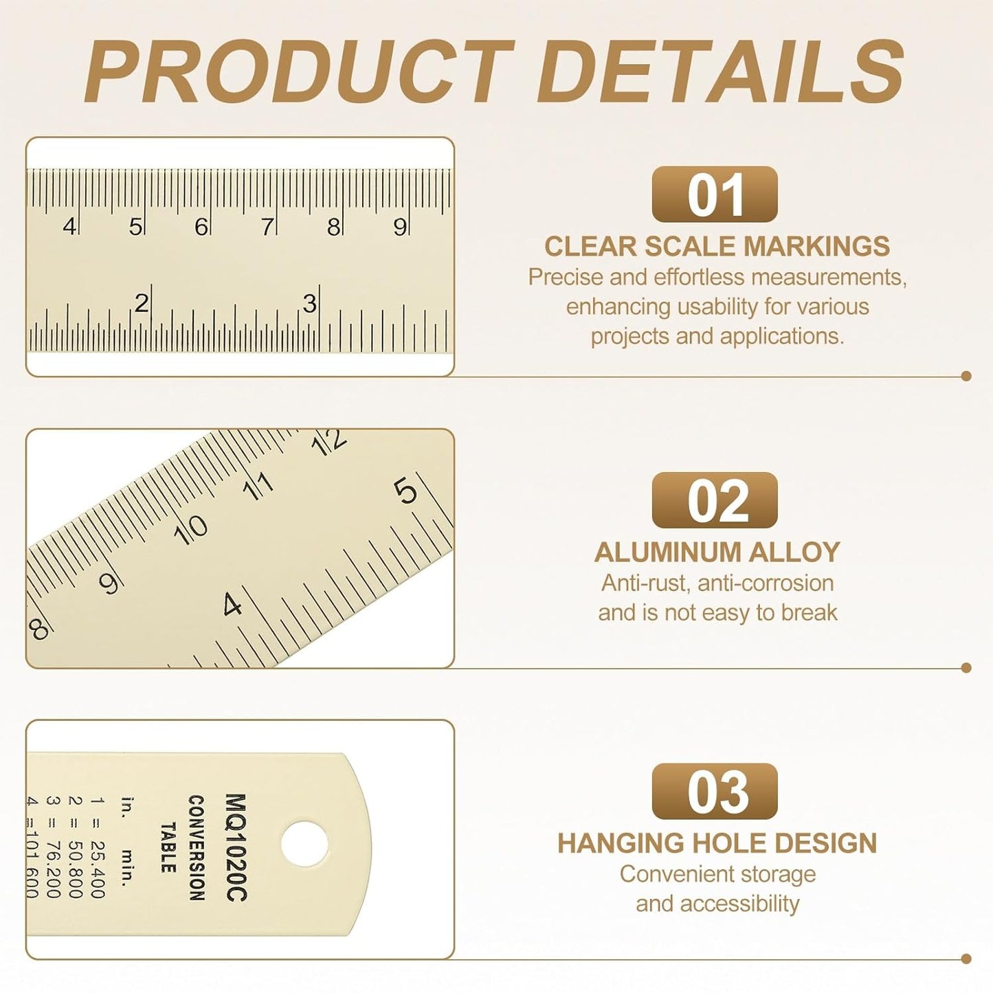 HARFINGTON 2pcs Metal Straight Ruler 15cm Metric SAE Aluminum Alloy Measuring Rulers Scale Tool with Hole for Measure Study Reading Classroom Office, White