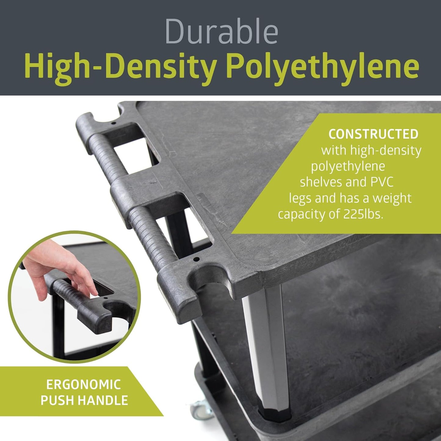 Pearington 3-Shelf Multipurpose Mobile Utility Cart with 2 Bins and Lockable Wheels, Heavy-Duty Plastic Rolling Presentation Cart for Offices and Warehouses, Black