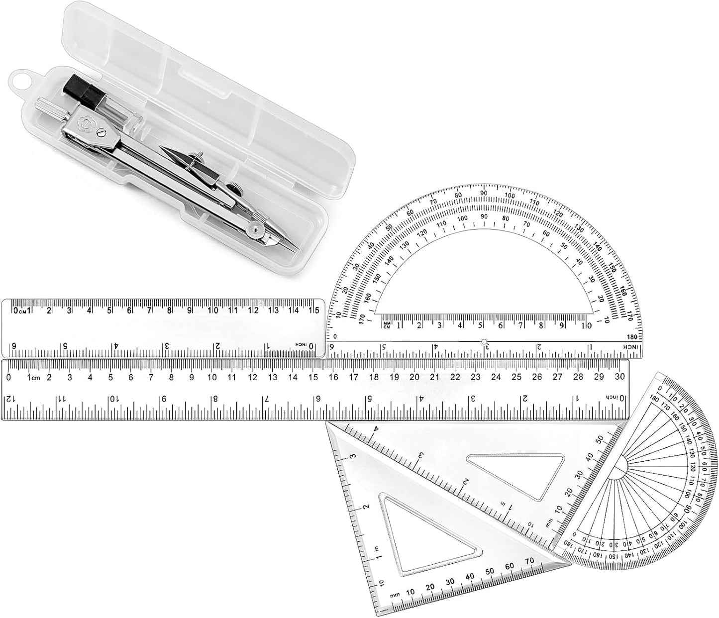 Zonon 1 Set Plastic Geometry Math Set Includes Drawing Compass, 6 and 4 Inch Protractor, 45/60 Degree Triangle Rulers 12 and 6 Inch Math Ruler Transparent for Office Supplies(Clear)