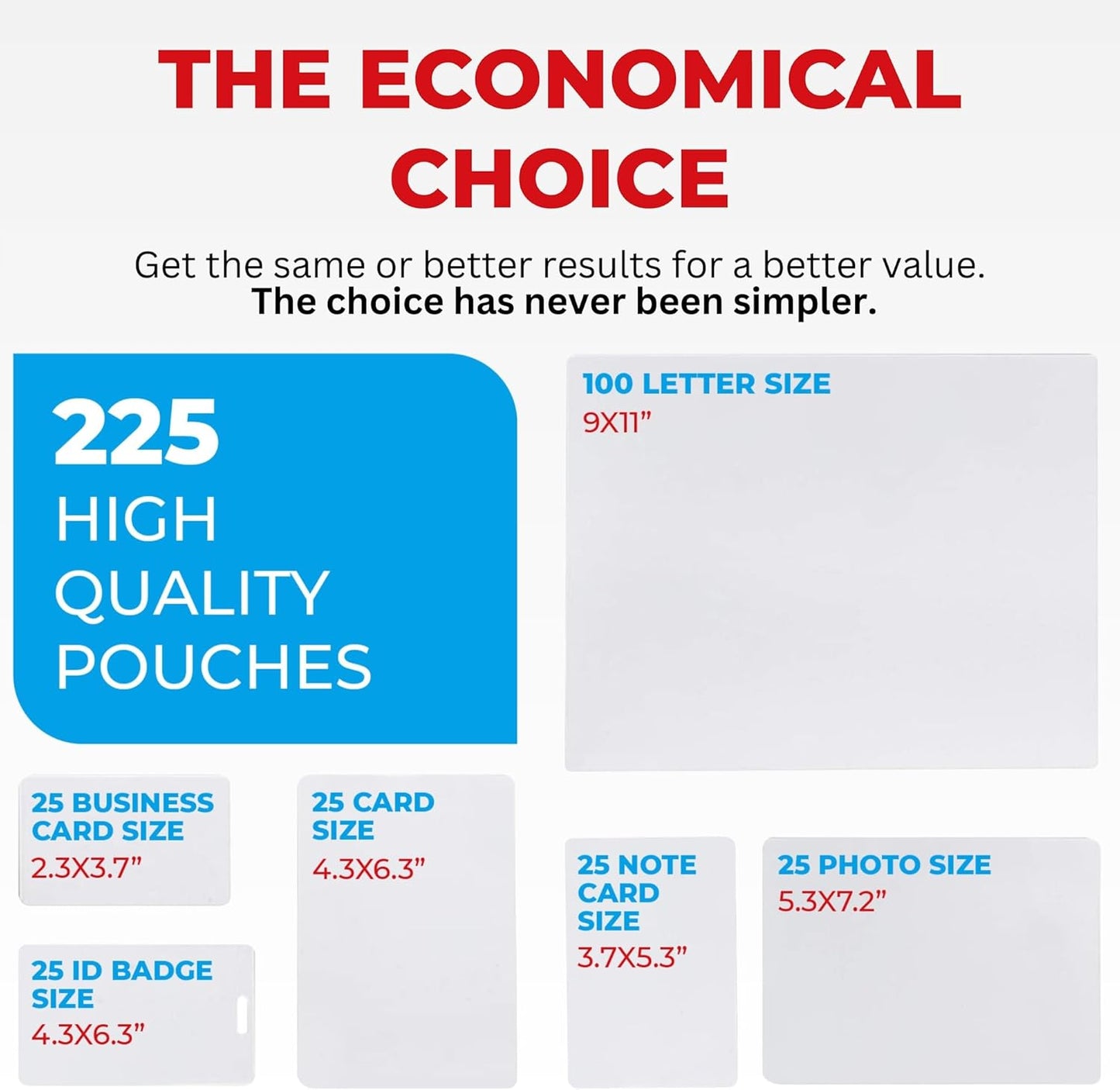 5MIL Thermal Laminating Sheets (225 Count) Letter, Photo, Card, Notecard, ID Badge and Business Card Sizes, Laminating Pouches, Compatible with Laminators, Crystal Clear Laminated Finish