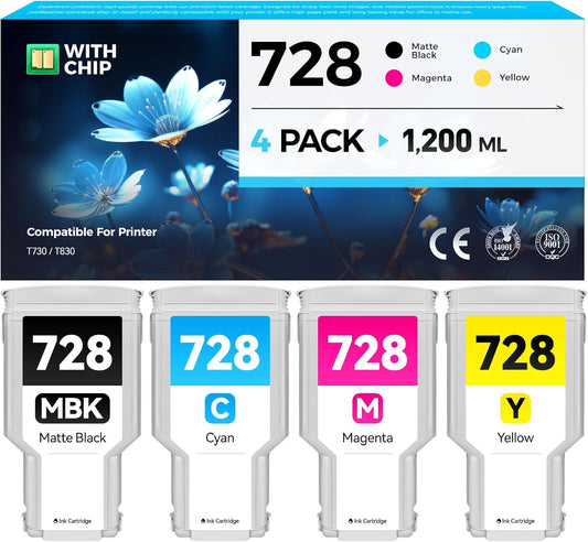 728 Ink Cartridges set 4-Pack High Yield Replacement for HP 728 Ink F9J68A F9K17A F9K16A F9K15A Compatible with HP DesignJet T830 MFP T730 Large Format Plotter Printers Matte Black Cyan Magenta Yellow