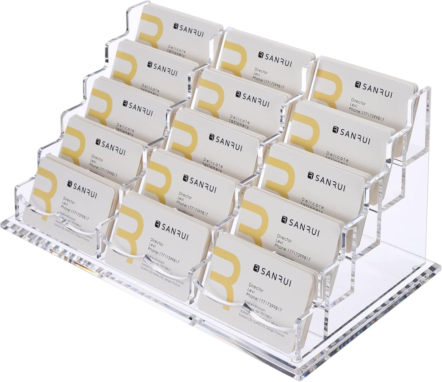 SANRUI Acrylic Multiple Business Card Holder Display for Desk , 15 Slots Business Card Stand , Clear Horizontal 5 Tier Business Card Holders, Holds 750-900 Cards