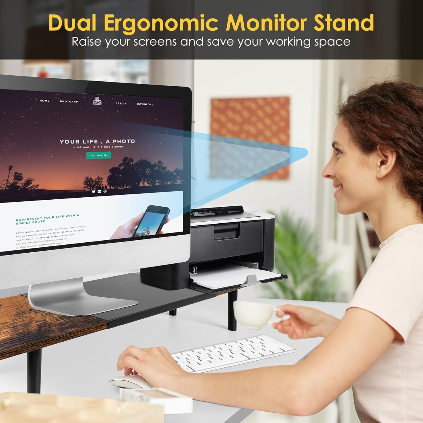 Dual-Monitor-Stand-Riser-For-Desk Adjustable Length 32-40 Inch, Large Desktop Computer Monitor Riser For 2 Screens, Desk Shelf Organizer Riser Stand For Computer/Laptop/PC/Printer/TV Brown