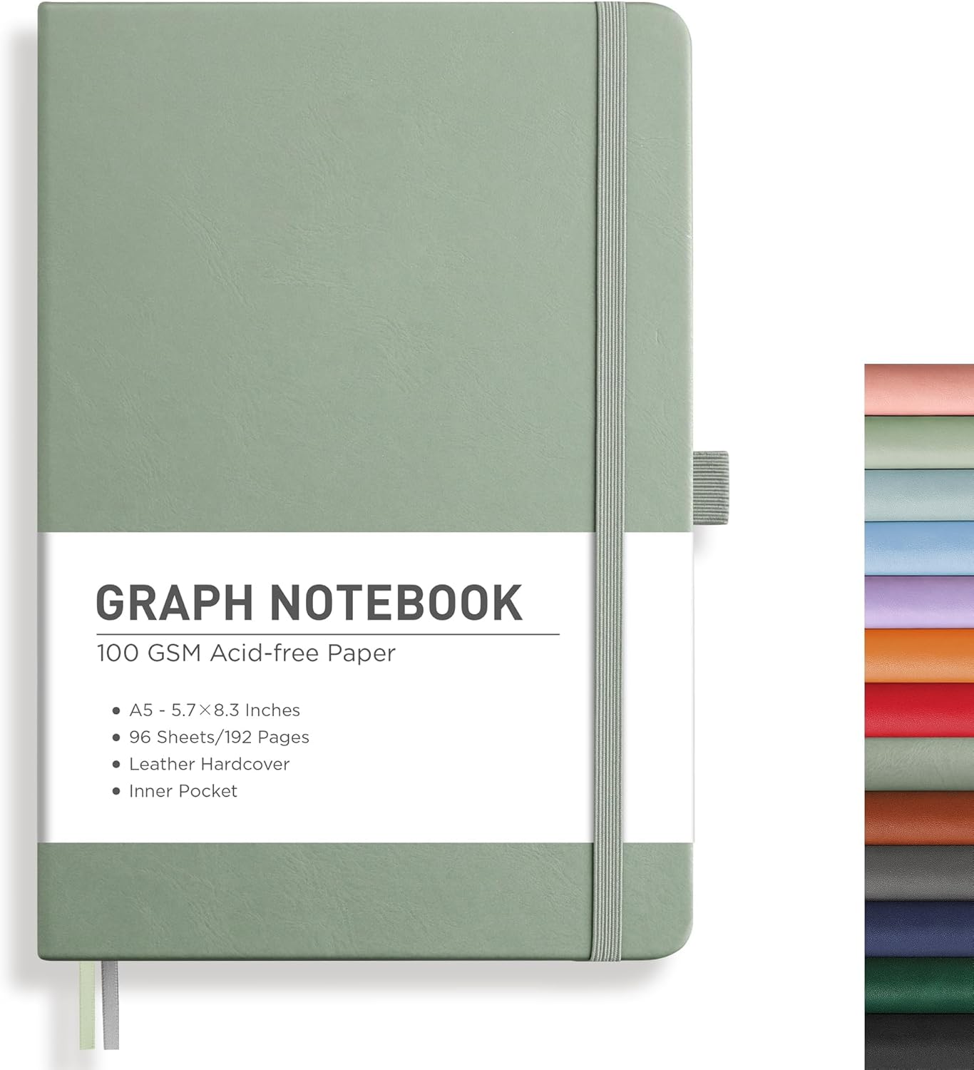 RETTACY Graph Grid Paper Notebook, 192 Pages, A5 Medium Size (5.7'' x 8.3''), 5 Squares per Inch, Leather Hardcover, 100 GSM Thick Paper, for School, Students, Math, Engineering (Sage Green)