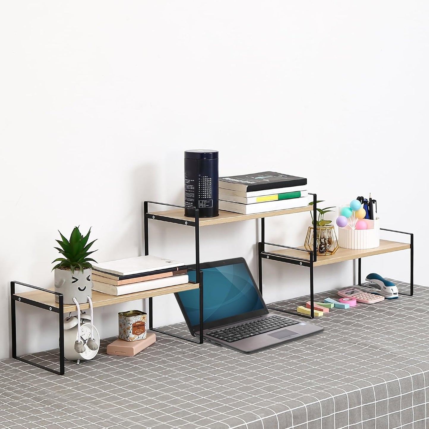 YGYQZ Wood Office Desk Shelf Organizer - Desktop Supplies Cute Dresser Top Organization Storage Rack and Cubicle Decor Aesthetic Bookshelf for Women Man and Kids (Black Wood-Three Tier)