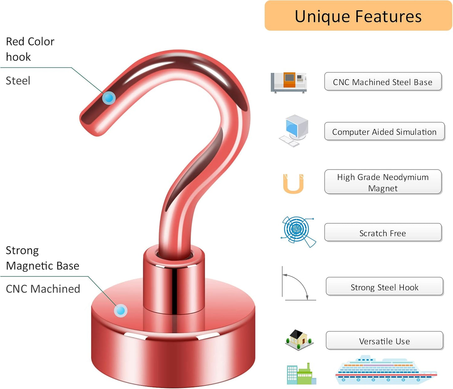 Neosmuk Magnetic Hooks,30lb Heavy Duty Earth Magnets with Hook for Refrigerator, Extra Strong Cruise Hook for Hanging, Magnetic Hanger for Curtain, Grill (Red, 4 Pack)