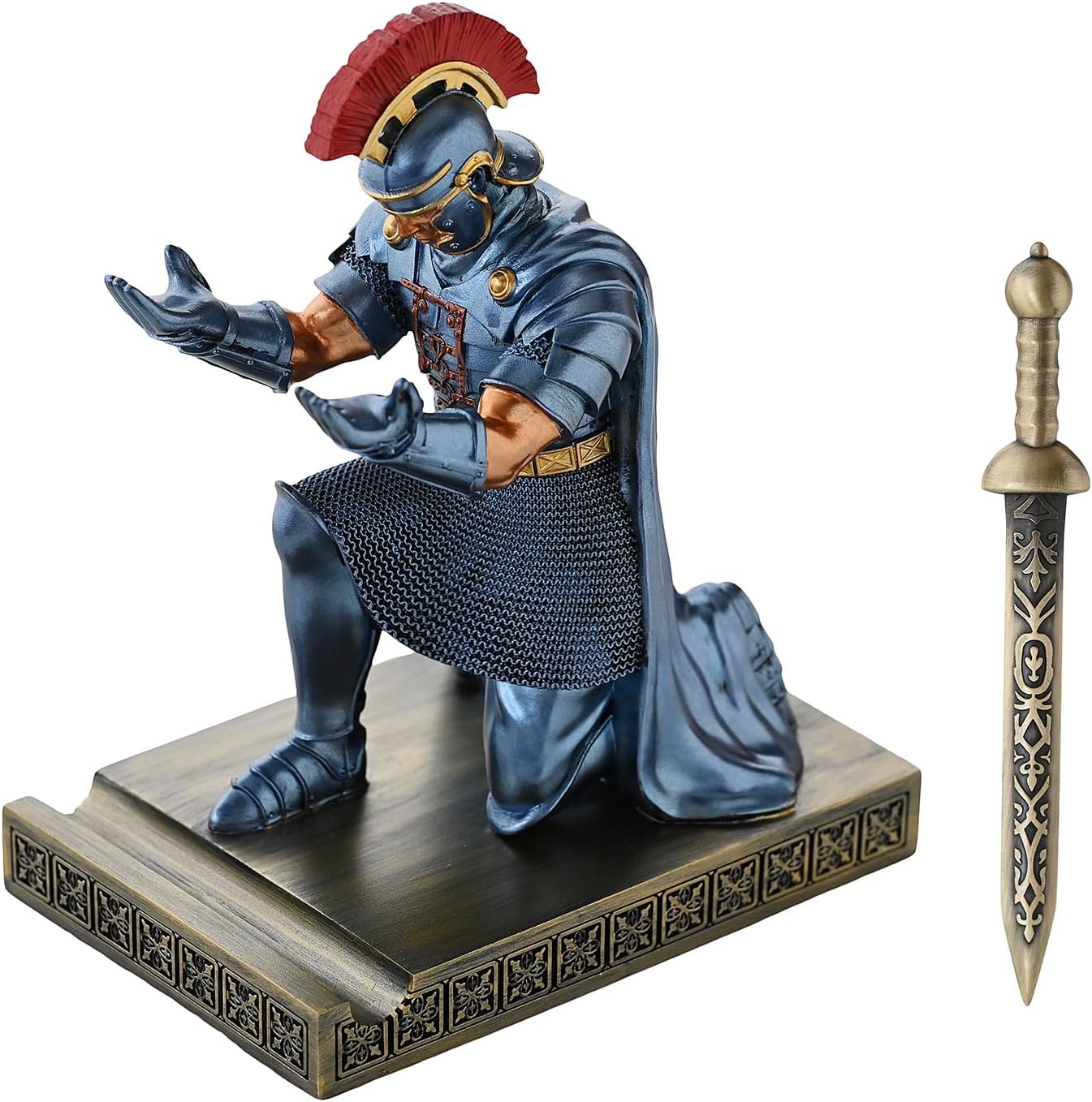 Roman Praetorian Prefect Warrior Knight Pen Holder Desk Ornament Resin Praetorian Guard Mobile Phone Stand Desk Accessories and Organizer for Office with a Letter Opener (Blue)