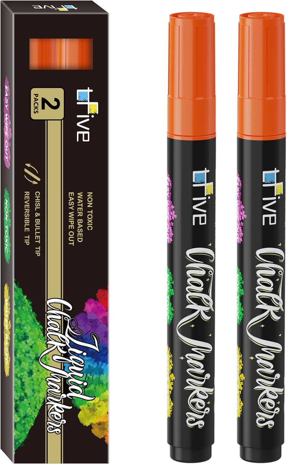 TFIVE Orange Liquid Chalk Markers - 2 Pack Bright Colors Erasable Chalk Marker Pens, Reversible Tip, Non-Toxic, for Chalkboards, Signs, Glass, Easy to use Chalk markers TF800