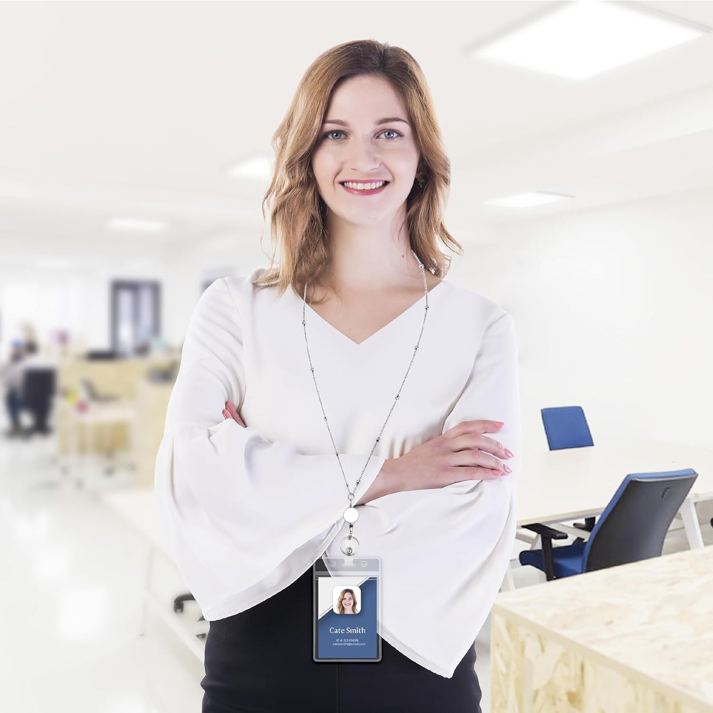 Will Well Retractable Beaded Badge Reel Lanyard with Keyring for Women - Vertical Plastic 3.58" x 2.52" Sleeves Fit Up to 3 Cards - Stainless Steel Necklace with Pull Cord - 2-Pack, Clear Case