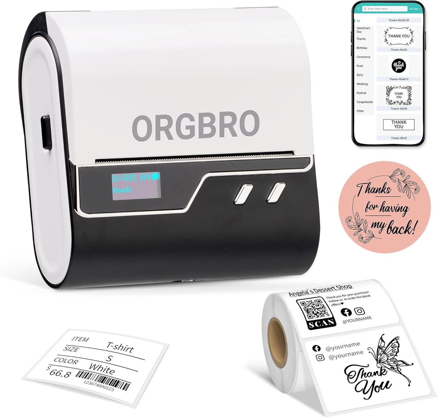 ORGBRO Z3 Label Maker Machine with Tape, 3 Inch Bluetooth Thermal Label Printer, Portable Sticker Printer for Small Business, Office, Home Organization, Barcode, Address, Compatible with Phones & PC